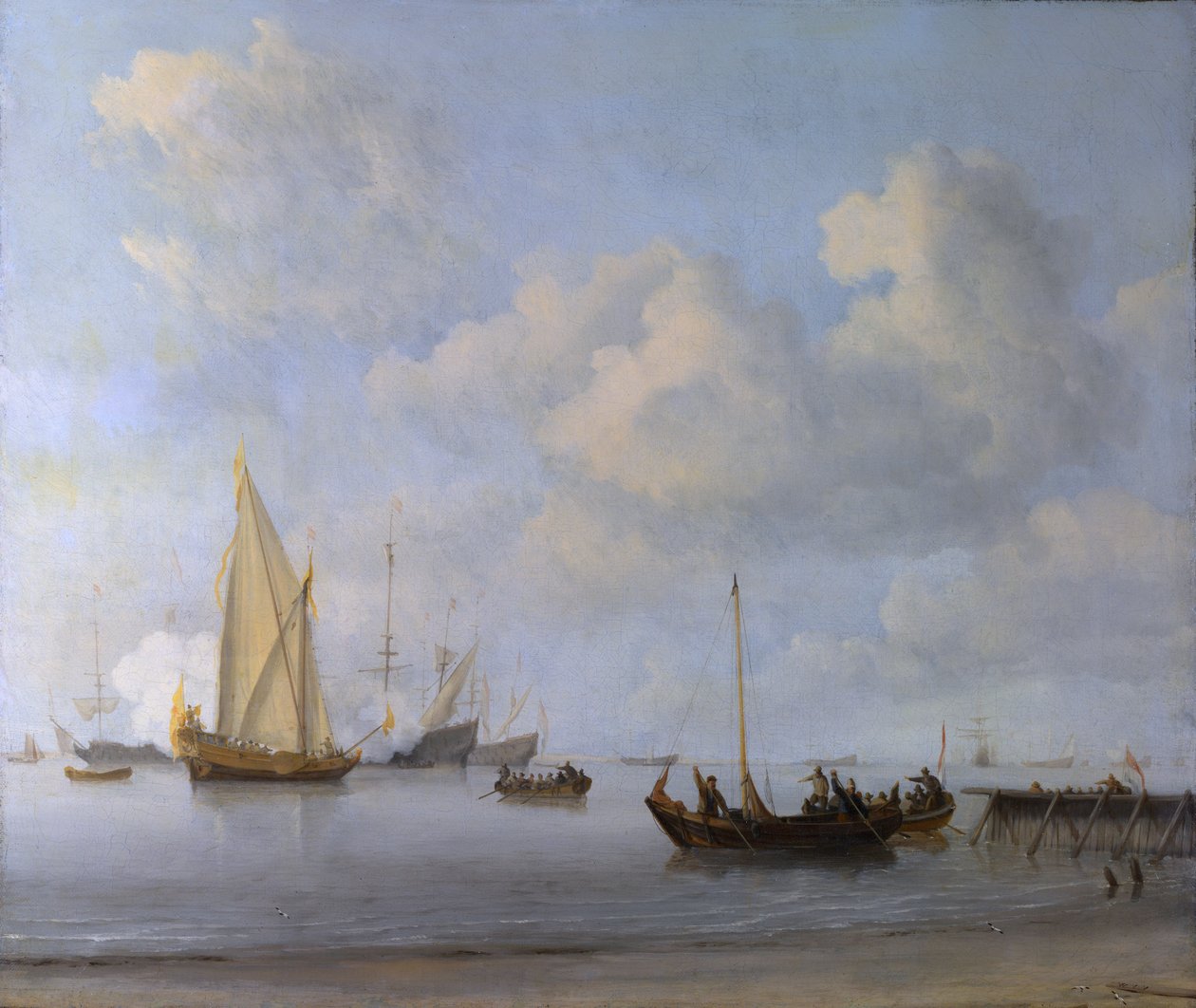 Boten trekken naar een jacht in een kalmte door Willem van de Velde the Younger