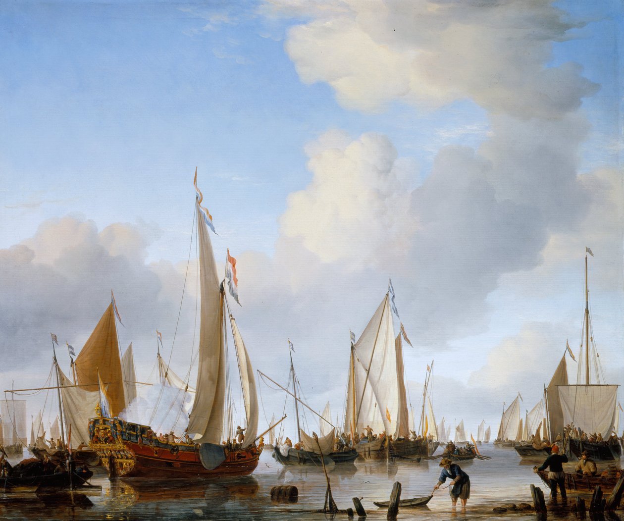 Kalmte - Een staatsjacht onder zeil dicht bij de kust met vele andere schepen door Willem van de Velde the Younger