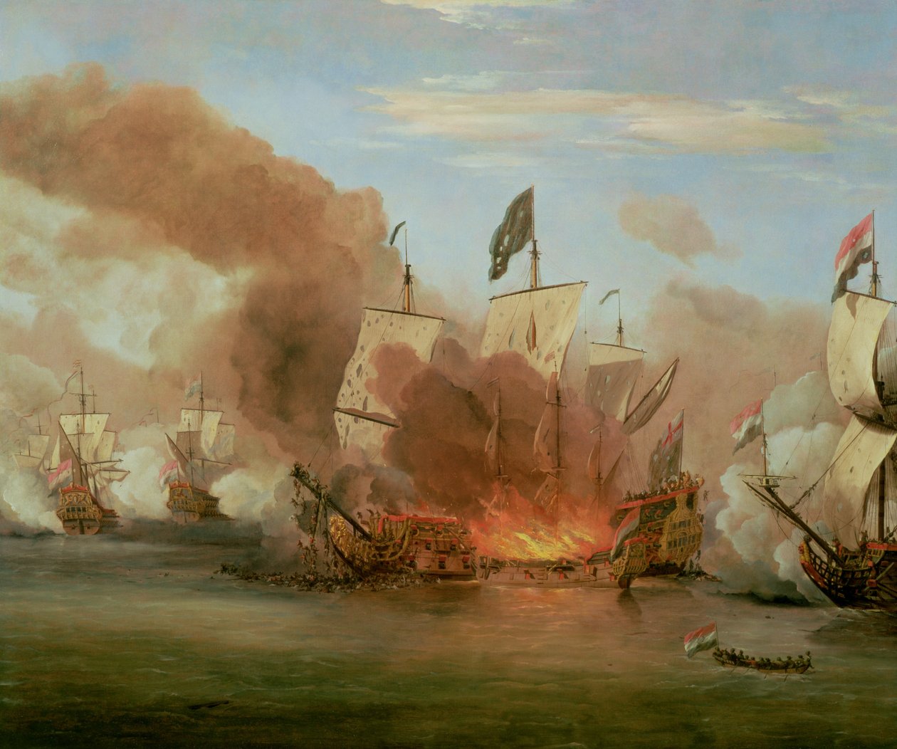 De brand van de Royal James bij de Slag om Sole Bank, 6 juni 1672 door Willem van de Velde the Younger