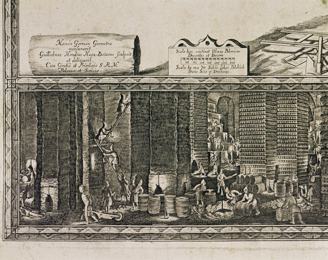 De zoutmijnen van Wieliczka bij Krakau produceerden ruwweg een derde van het inkomen van de Poolse koningen ... (gravure) door Willem (c.1597 1660) Hondius