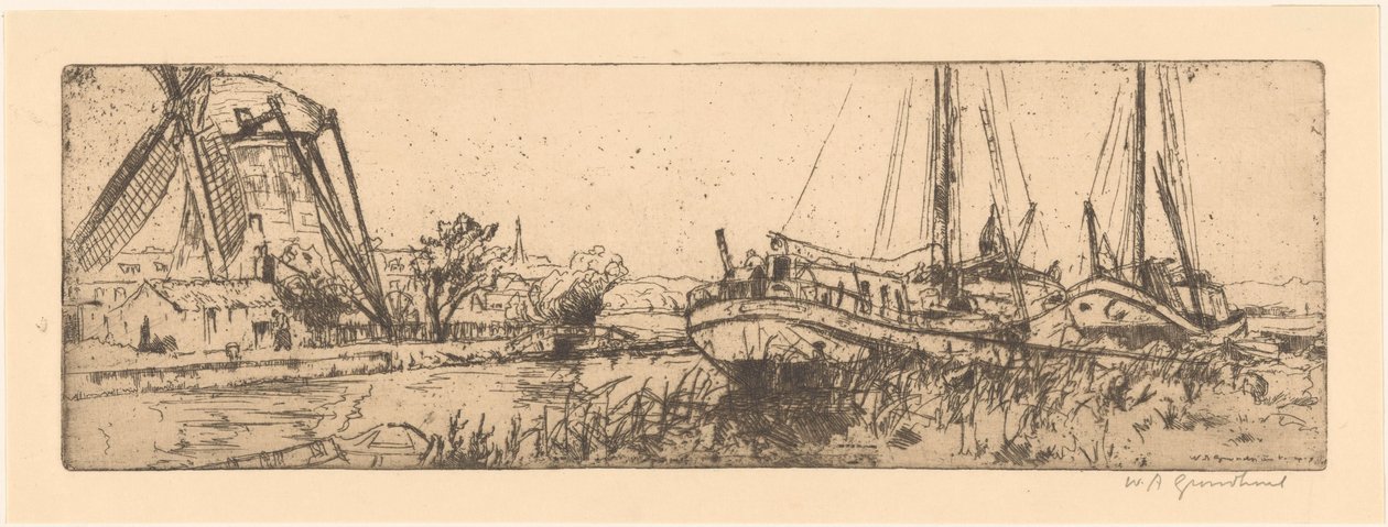 De Vliet door Willem Adrianus Grondhout (signed by artist)