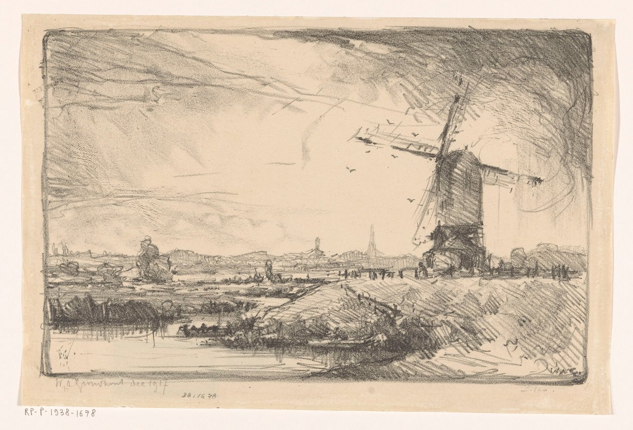 Landschap met molen bij Leiden door Willem Adrianus Grondhout (signed by artist)