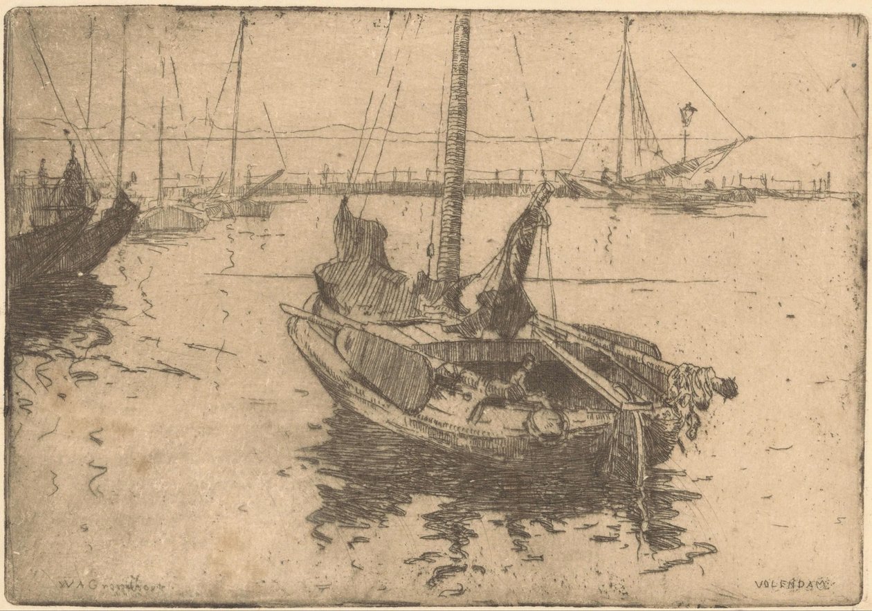 Schuiten in de haven van Volendam door Willem Adrianus Grondhout (signed by artist)