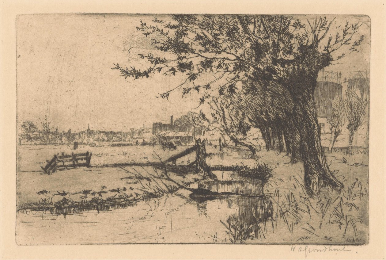 Sloot bij de Gemeentelijke Gasfabriek in de Binckhorst in Den Haag door Willem Adrianus Grondhout (signed by artist)