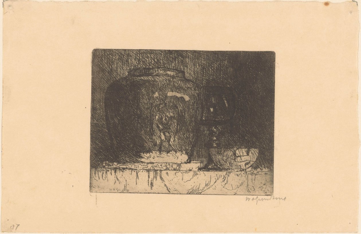 Stilleven met gemberpot, wijnglas en kom door Willem Adrianus Grondhout (signed by artist)