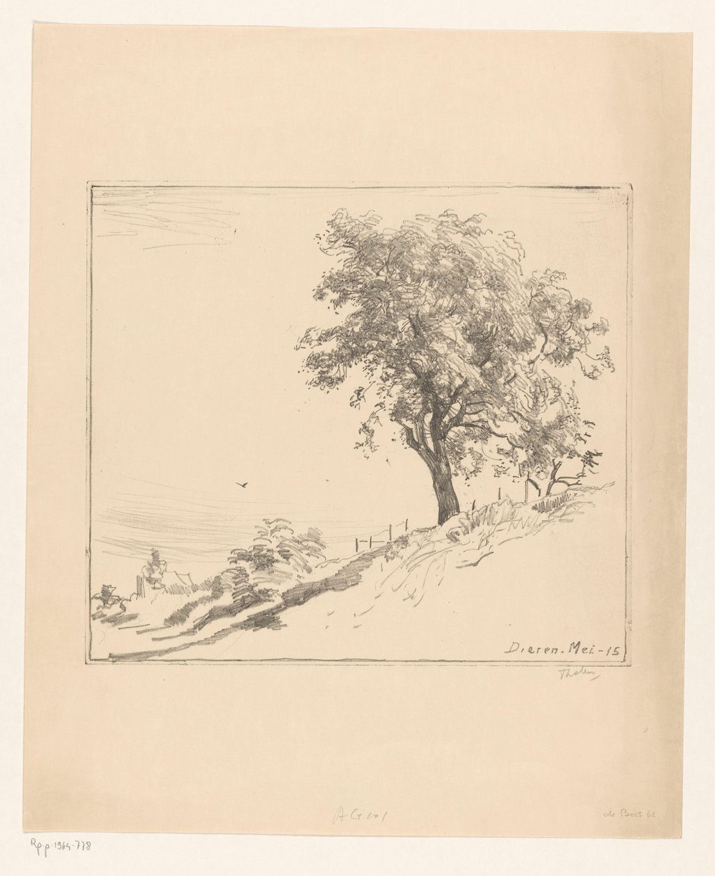 Landschap met boom op een dijk te Dieren door Willem Bastiaan Tholen (signed by artist)