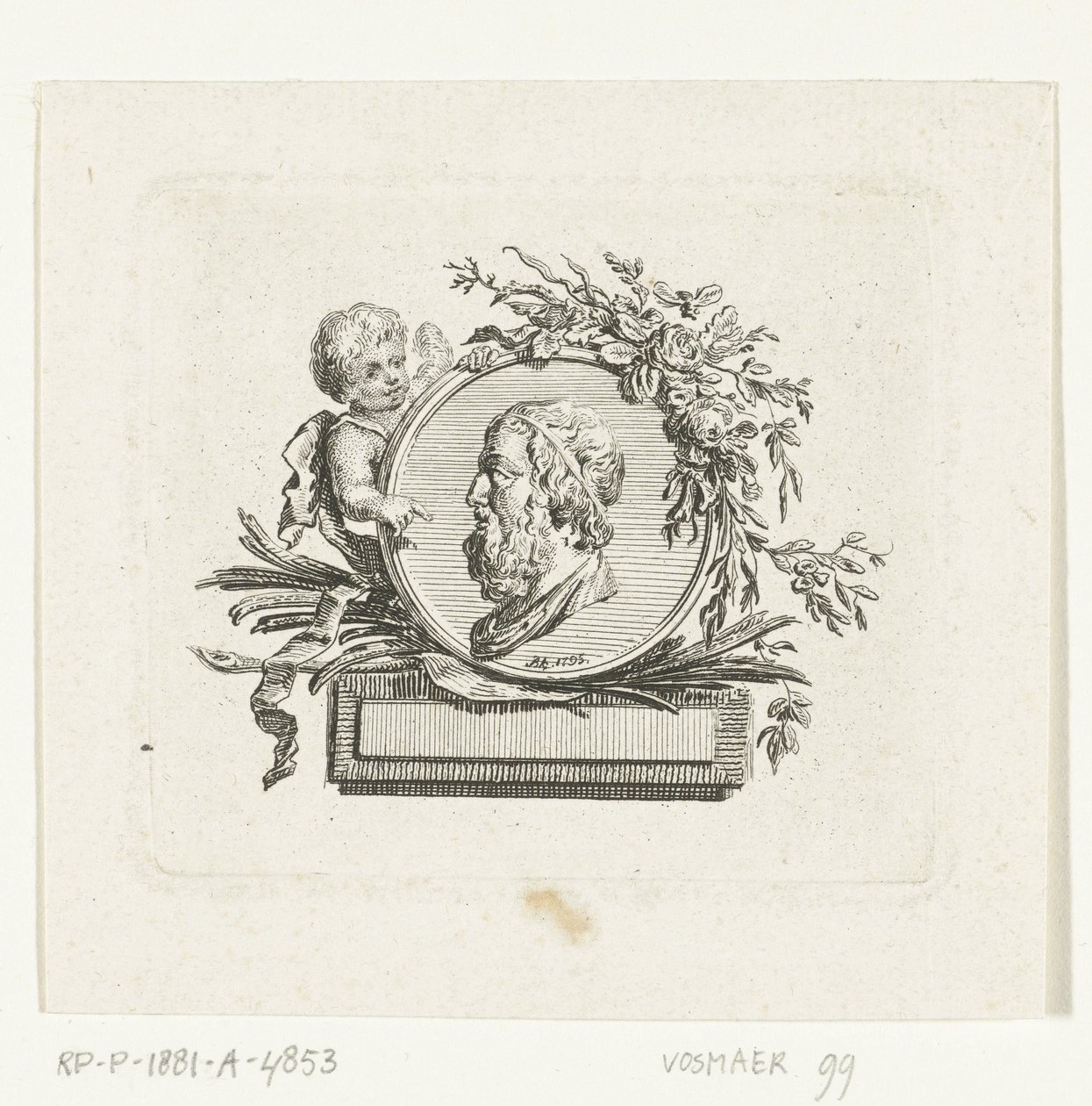 Buste van Homerus op medaillon door engeltje vastgehouden en met bloemen en palmtakken versierd door Willem Bilderdijk