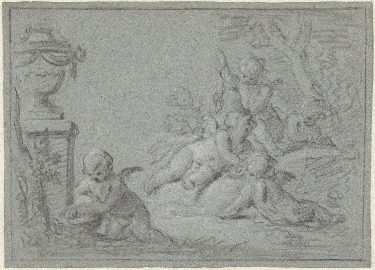 Putti in een landschap met een vaas door Willem Bilderdijk