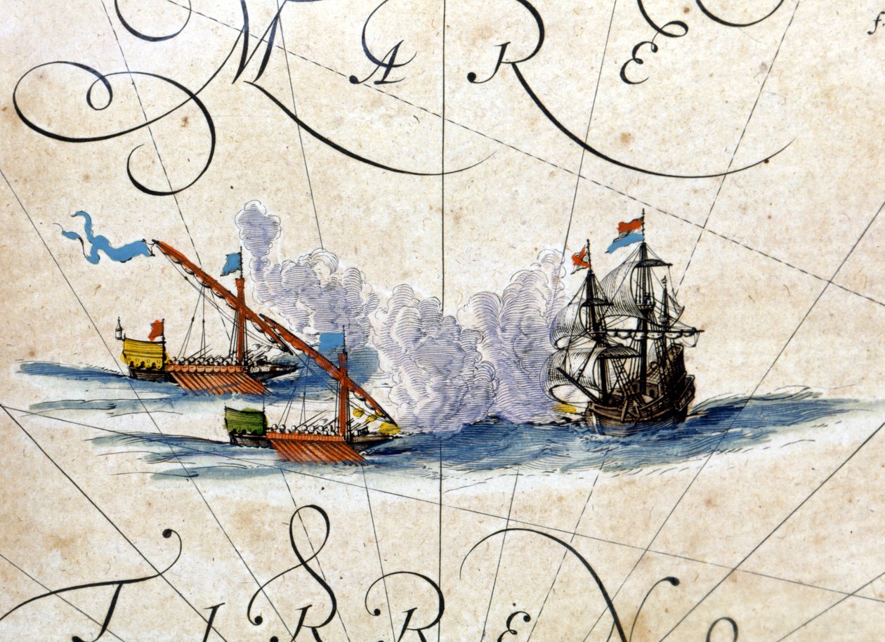 Slag tussen twee galeien en een kraak. Atlas door Willem Janszoon Blaeu (1571 - 1638) door Willem Blaeu