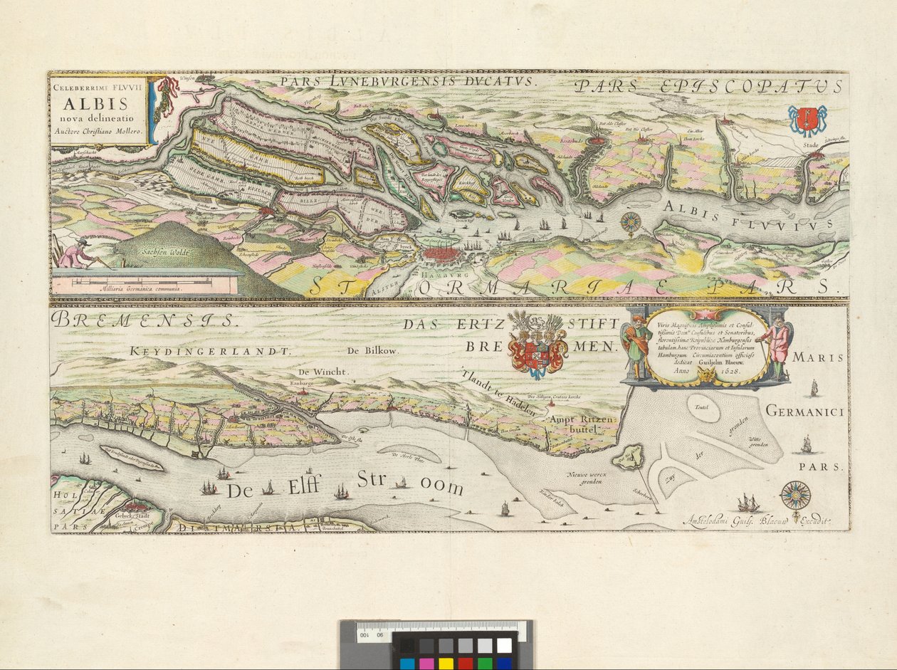 Celeberrimi Flvvii Albis nova delineatio : Viris Magnificis Amplißimis et Consultißimis Domis. Consulibus et Senatoribus, florentissimae Republicae Hamburgensis tabulam, hanc Provinciarum et Insularum Hamburgum Circumiacentium officiose dedicat / Auctore C door Willem Blaeu