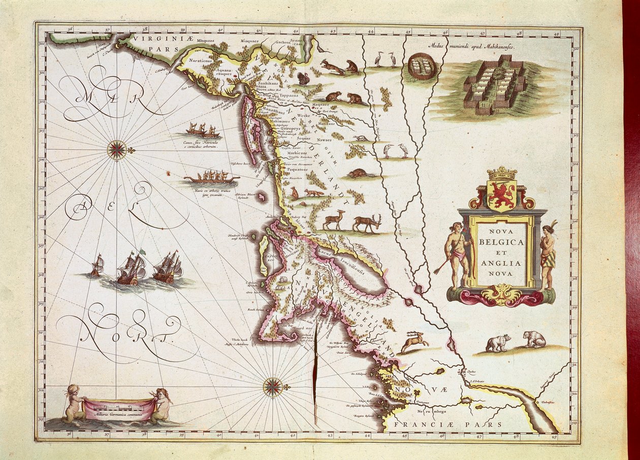 Kaart van Nova Belgica of Nieuw België en van Anglia Nova of Nieuw Engeland door Willem Blaeu