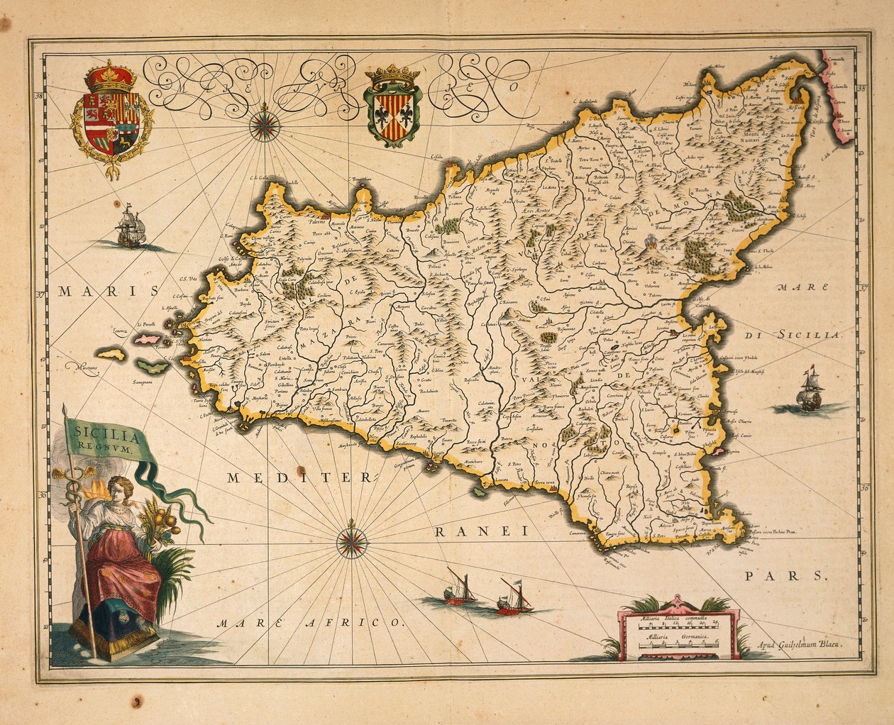 Kaart van Sicilië, uit Regionum Italiae door Willem Blaeu