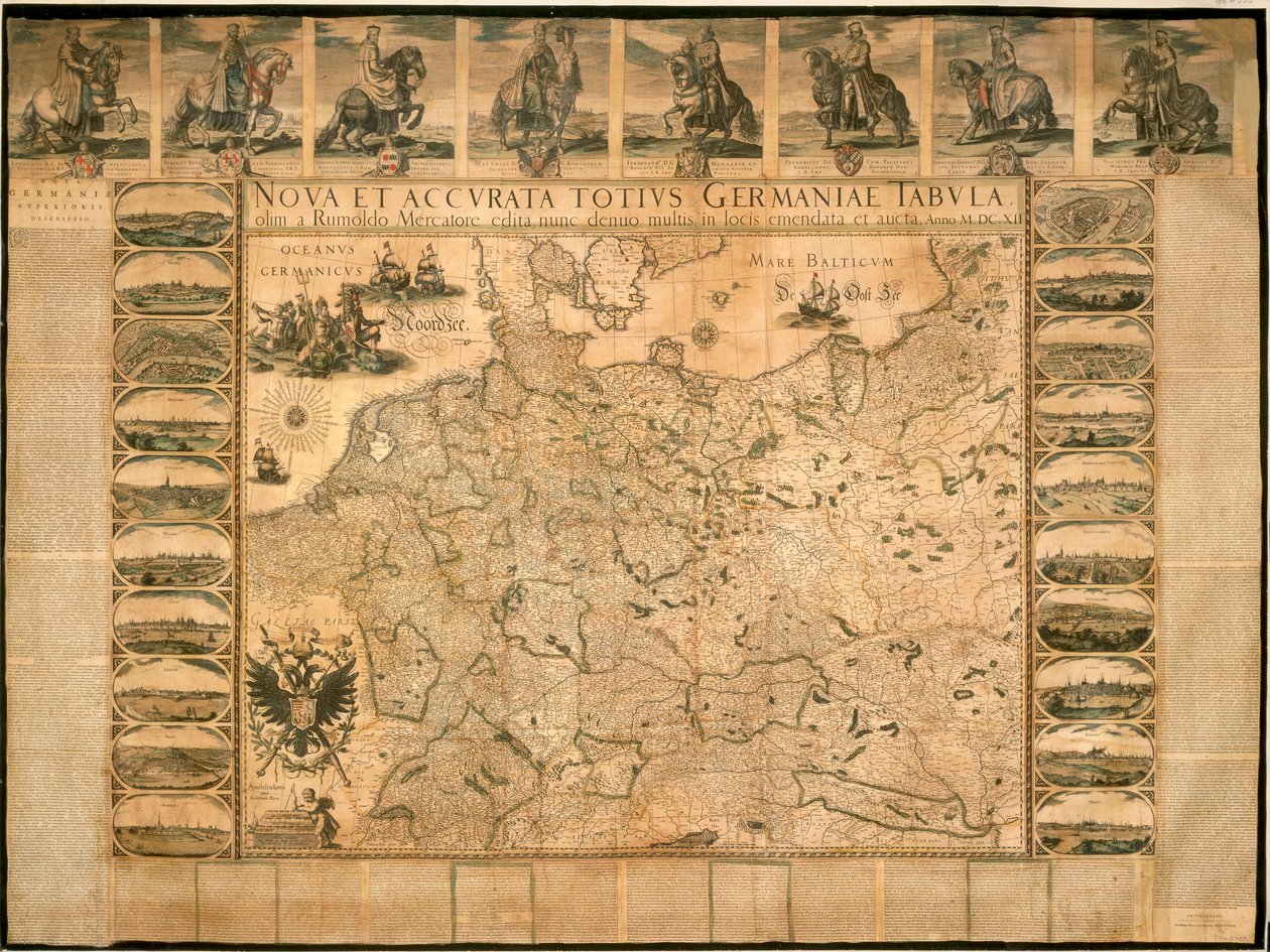 Nieuwe en nauwkeurige illustratie van Duitsland in zijn geheel door Willem Janszoon Blaeu, koperplaat, gedrukt in Amsterdam door Willem Blaeu
