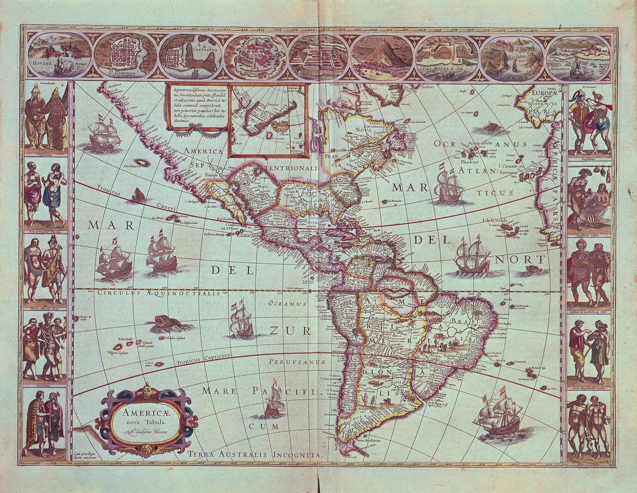 Bord met de kaart van Zuid-Amerika door Willem Blaeu