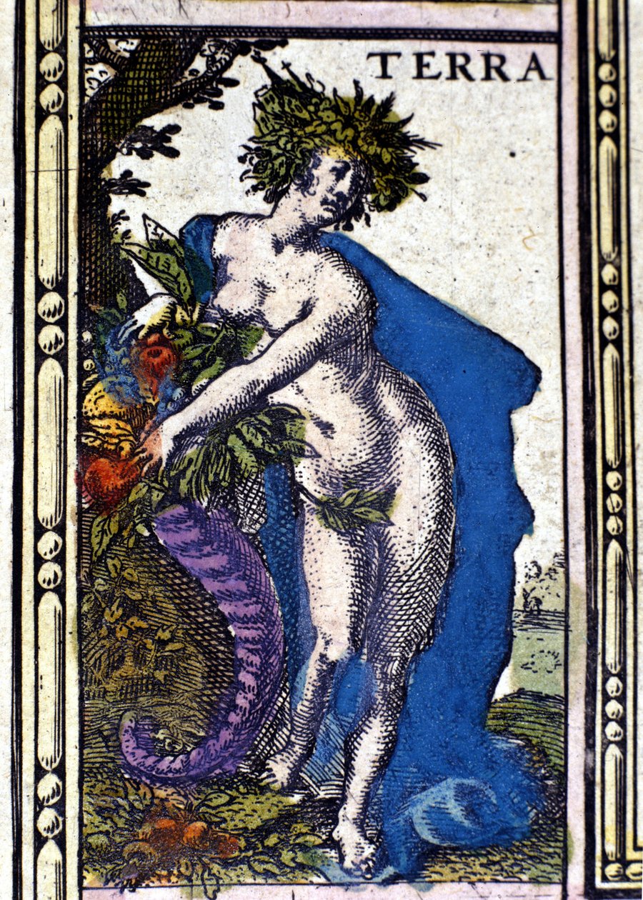 De Aarde, een van de vier elementen vertegenwoordigd in de Atlas van W. Blaeu gedrukt in Amsterdam in 1655. door Willem Blaeu