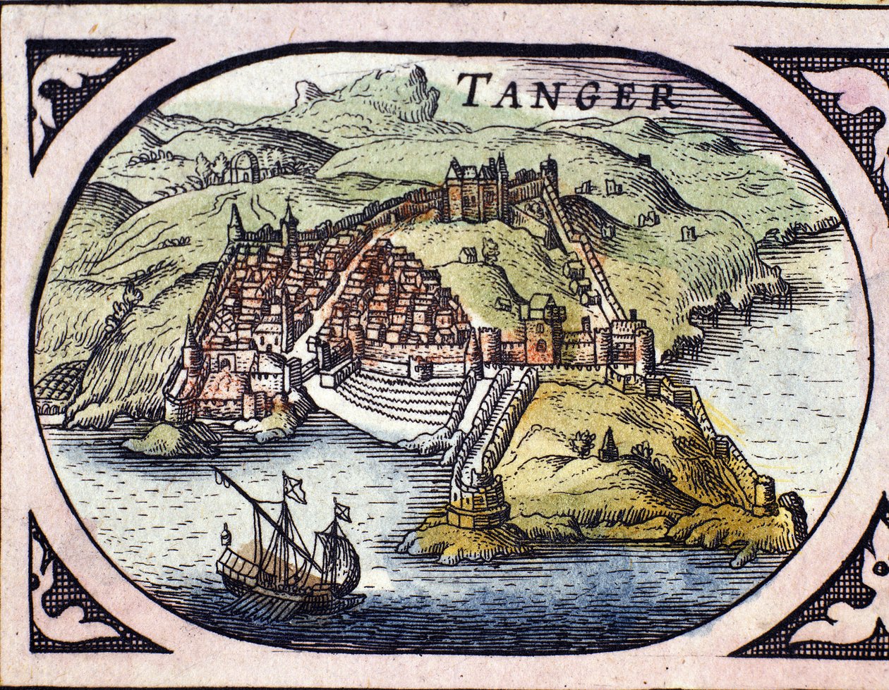 Uitzicht op de versterkte stad Tanger en de kust, Marokko. Kaart uit de Nederlandse Atlas door W. G. Blaeu, Amsterdam door Willem Blaeu