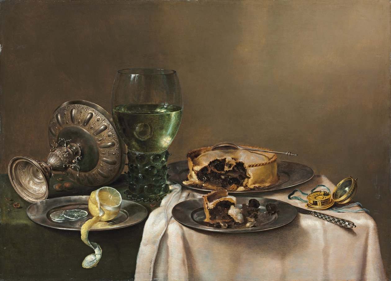Pronkstilleven met een roemer, een omgekeerde zilveren tazza, een halfgeschilde citroen op een tinnen bord, met een taart, een tijdmeter en een mes door Willem Claesz. Heda