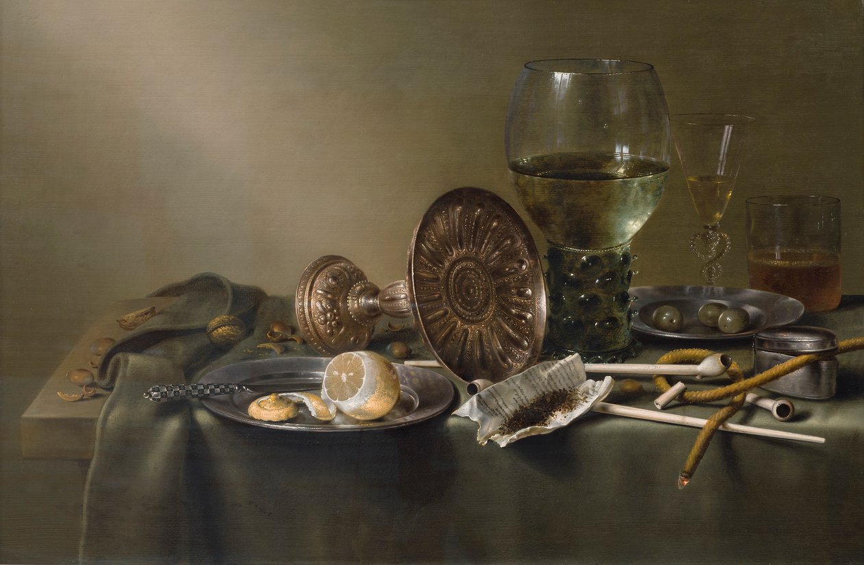 Stilleven met glazen en tabak door Willem Claesz. Heda