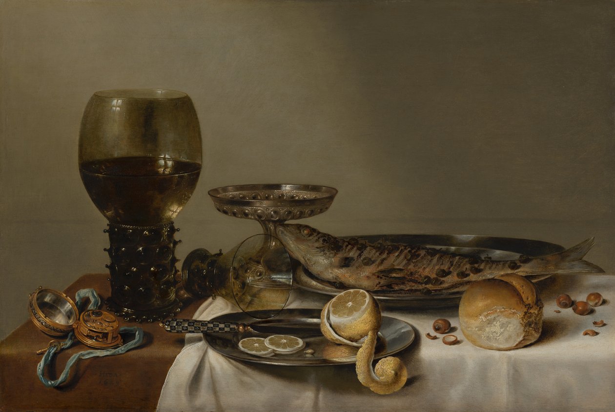 Stilleven met een roemer en horloge door Willem Claesz. Heda