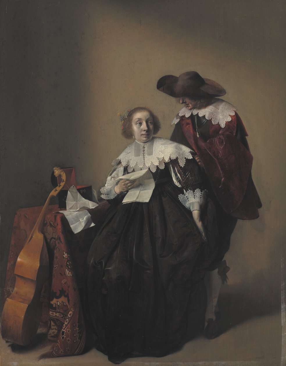 Een Zittende Vrouw met een Brief, een Heer Staand naast Haar door Willem Cornelisz Duyster