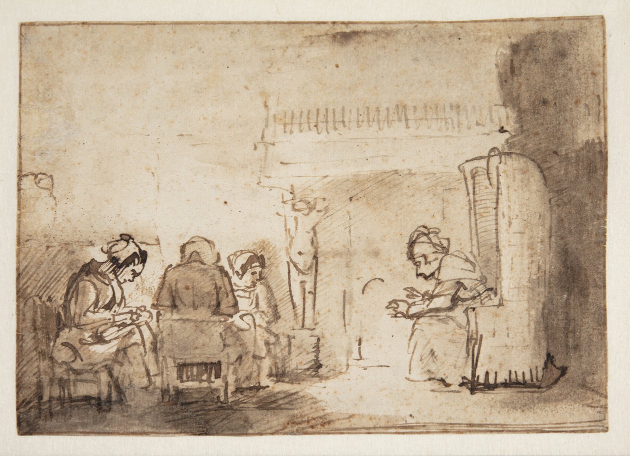 De vrouwen bij de open haard in Rembrandts huis door Willem Drost