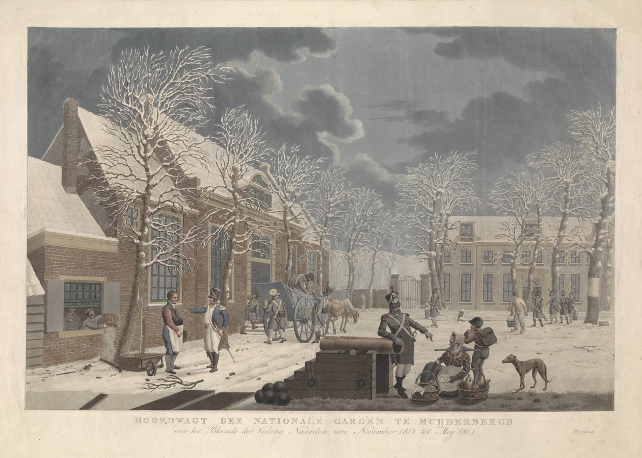 Sneeuwlandschap met soldaten in gesprek met burgers tijdens het beleg van Naarden door Willem Hendrik Hoogkamer (attributed to)