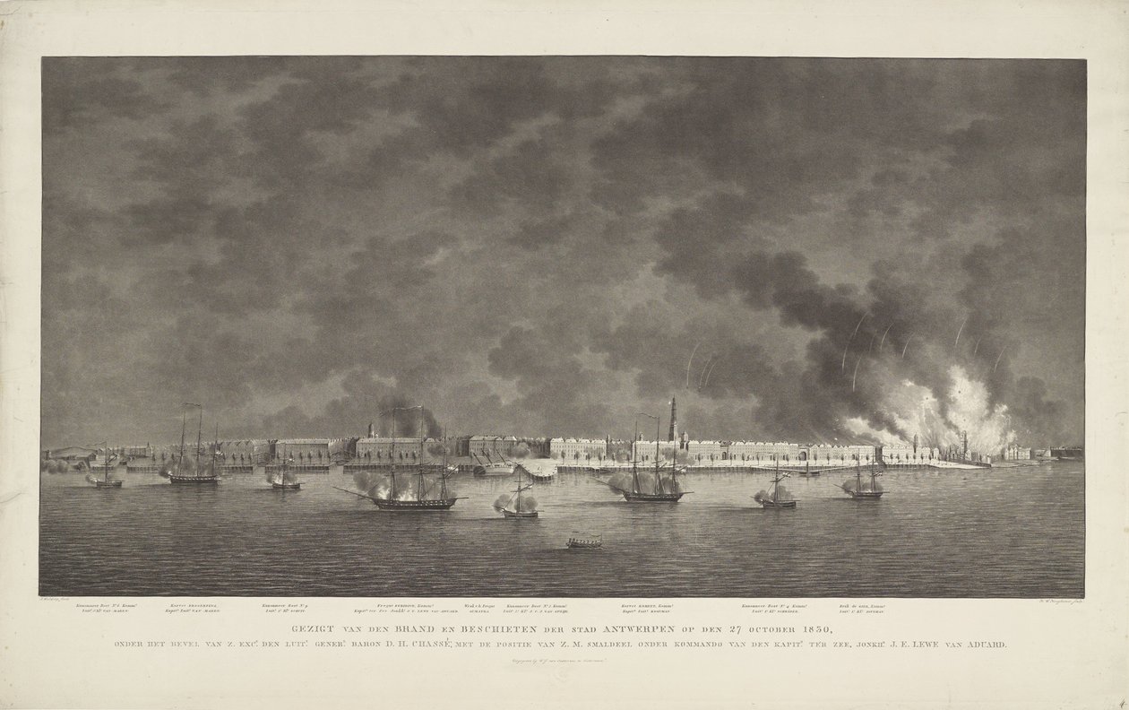 Gezicht van de brand en beschieting van de stad Antwerpen op 27 oktober 1830 door Willem Hendrik Hoogkamer