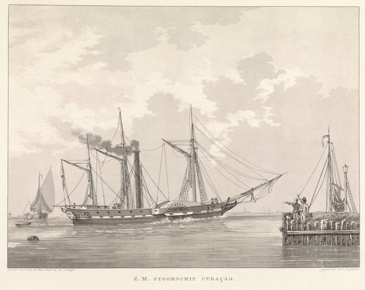 Raderstoomboot bij een kade door Willem Hendrik Hoogkamer
