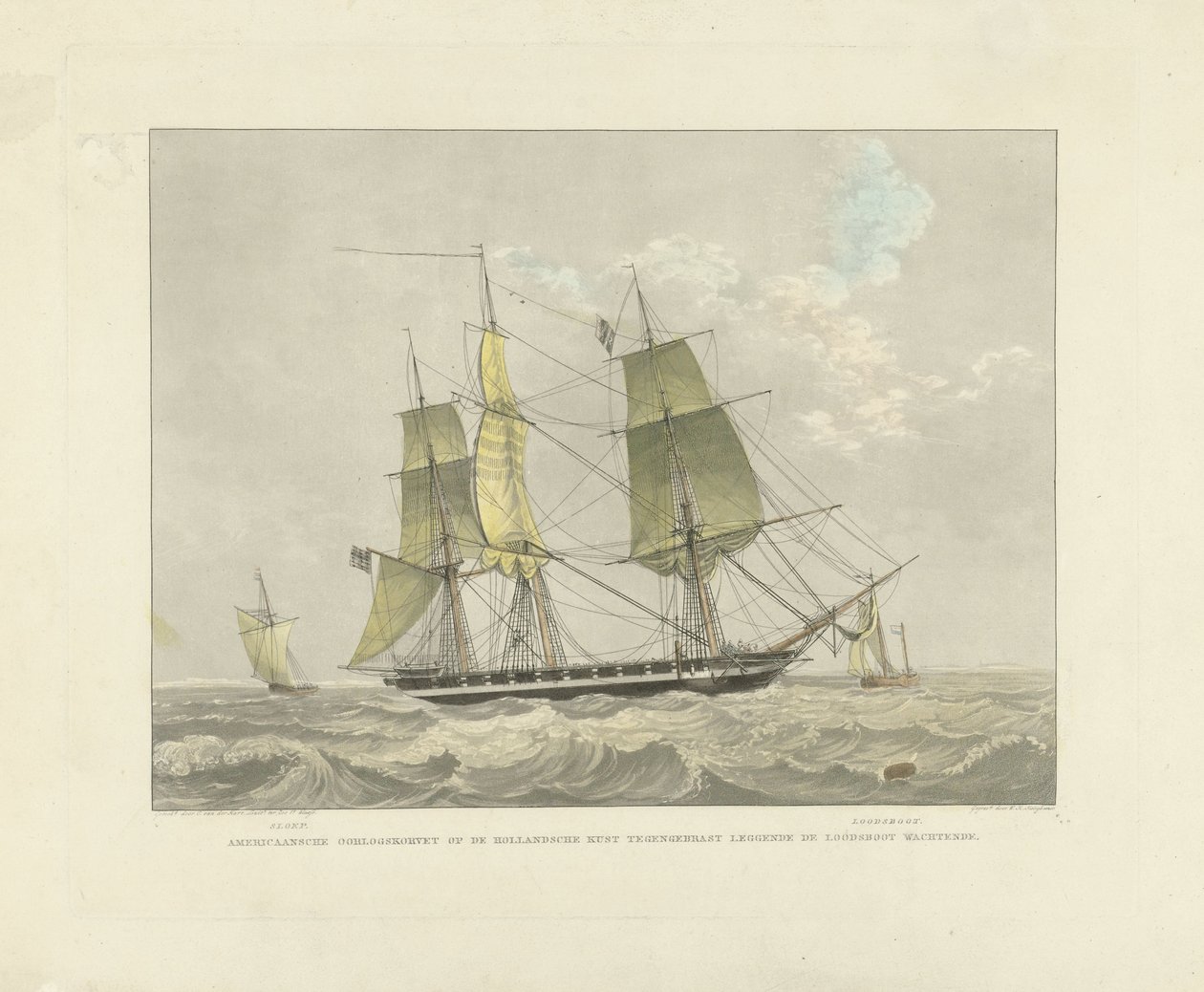 Zeilschip, sloep en loodsboot op het water door Willem Hendrik Hoogkamer