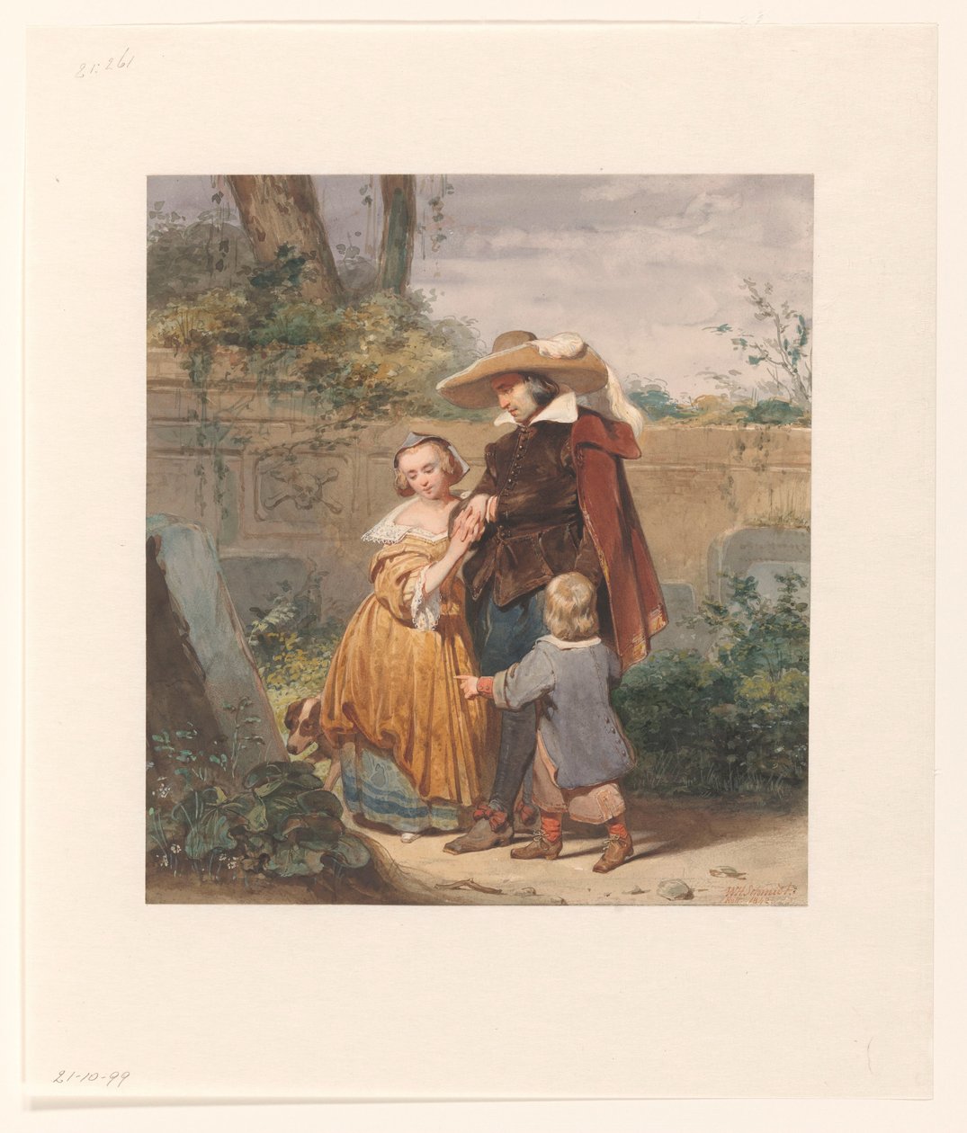 Een vader met twee kinderen bij het graf van de moeder door Willem Hendrik Schmidt
