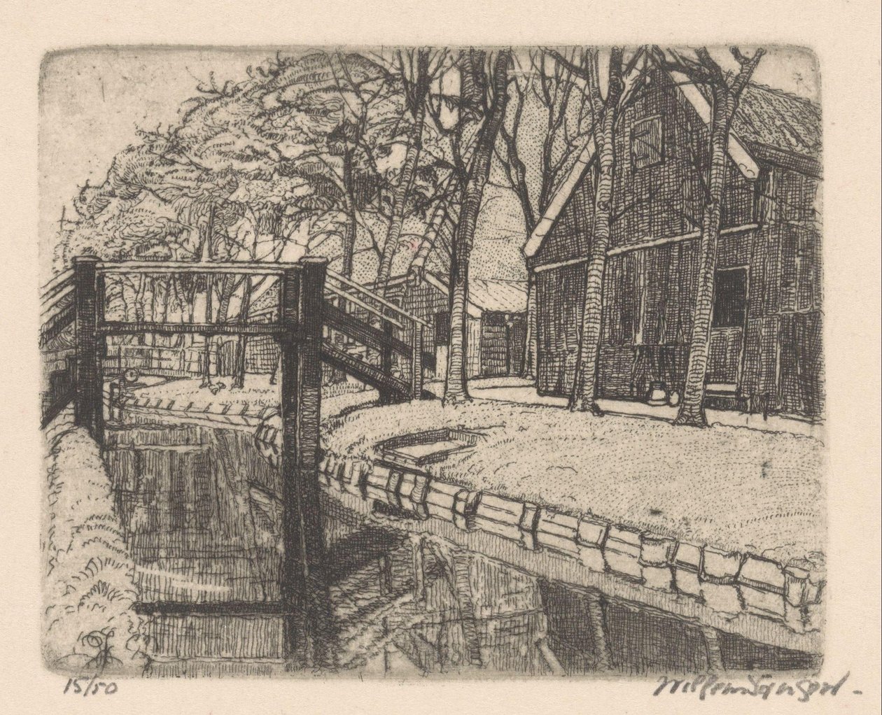 Brug in Assendelft door Willem Jansen (graveur) (signed by artist)