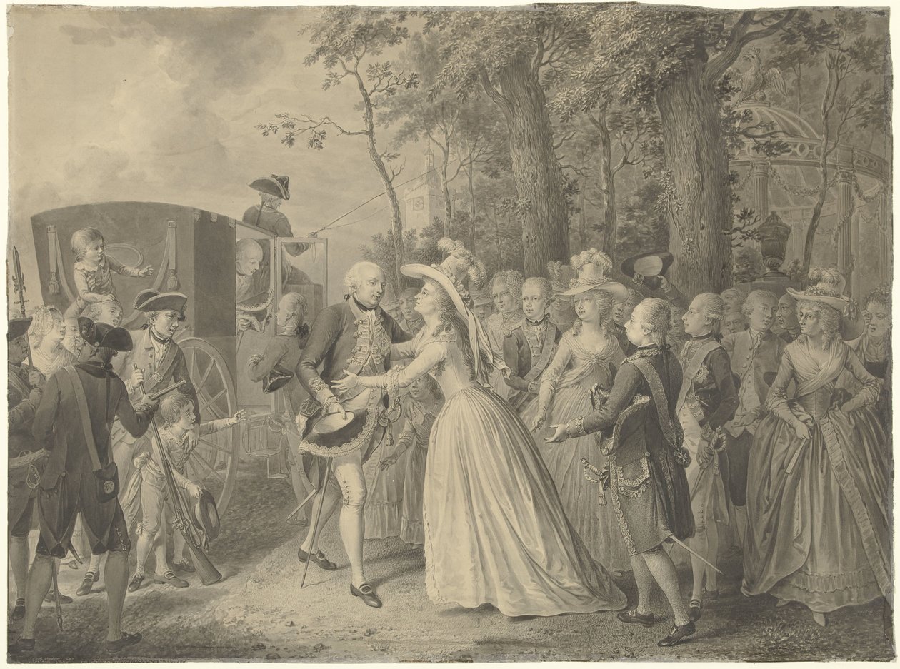 Ontmoeting van prinses Wilhelmina met haar broer koning Frederik III van Pruisen te Kleef, 1788 door Willem Joseph Laquy