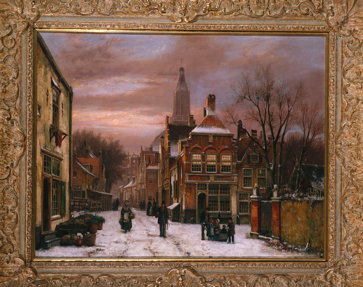 Een Winterse Scène: een Nederlandse Straat met talrijke Figuren door Willem Koekkoek
