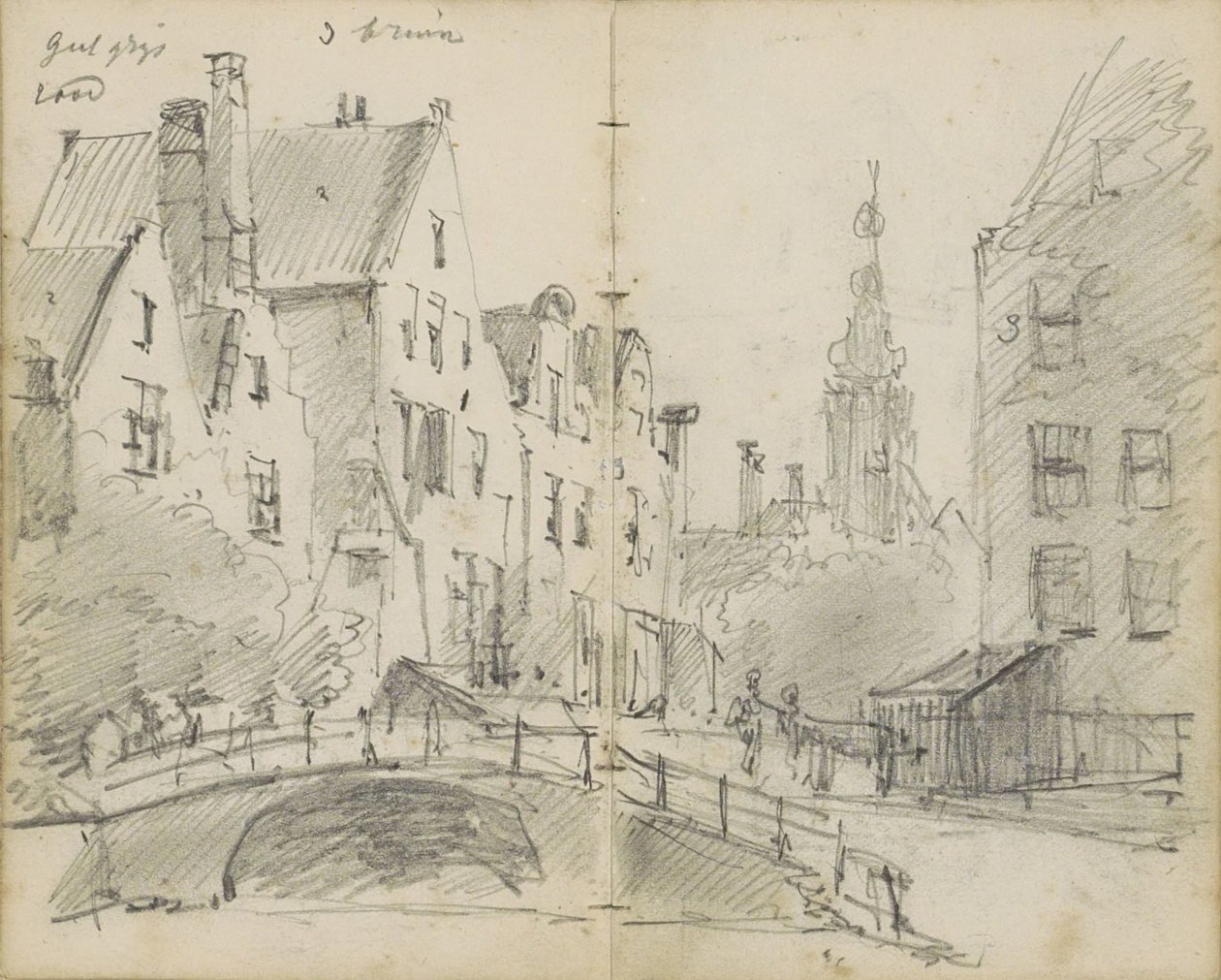 Stadsgezicht met een brug over een gracht en een kerktoren door Willem Koekkoek