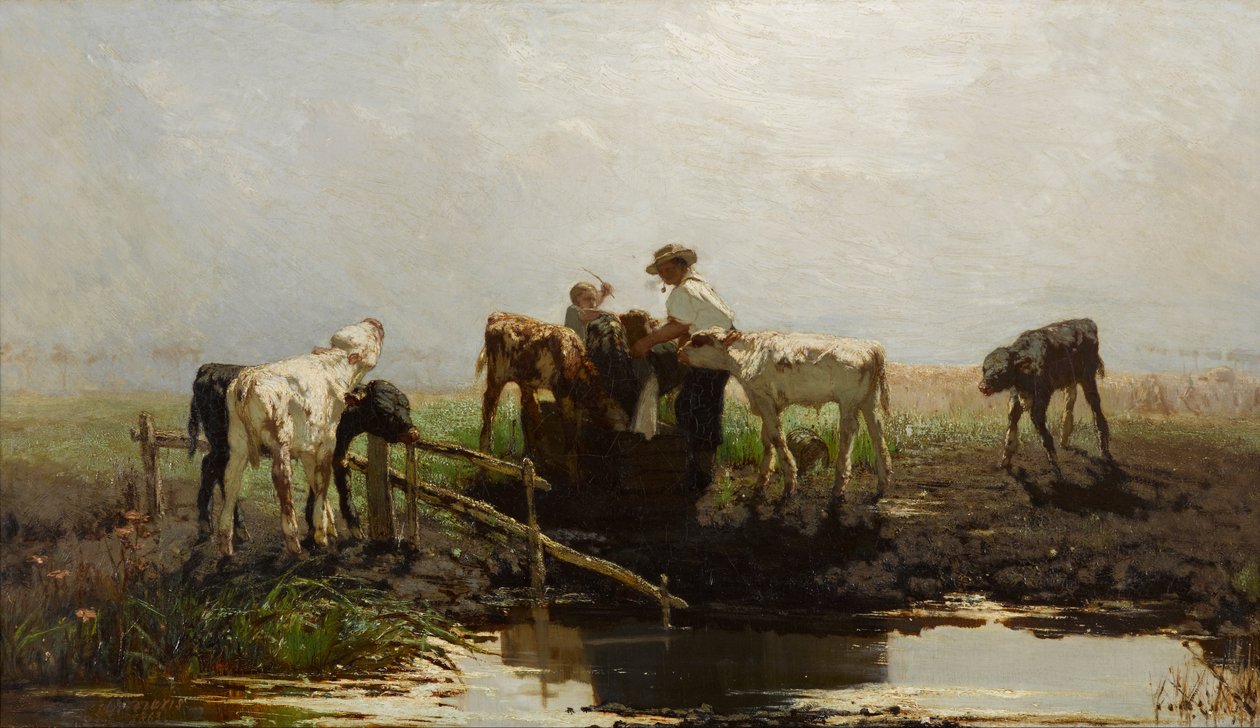 Dutch: Kalveren aan een poel Calves at a trough door Willem Maris