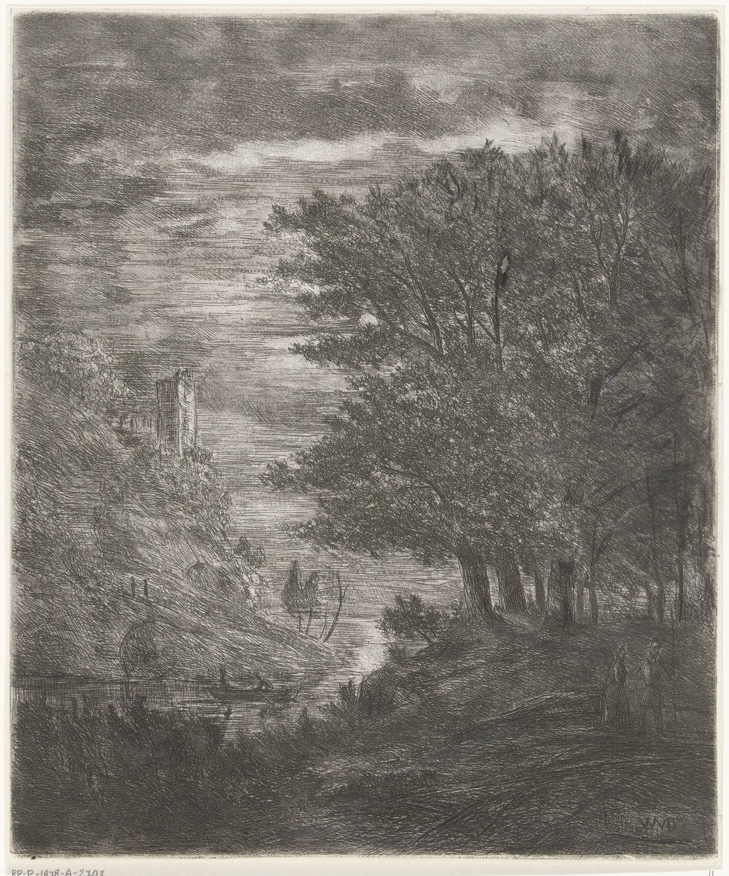 Heuvellandschap met ruïne en bootje op water bij maanlicht door Willem Matthias Jan van Dielen