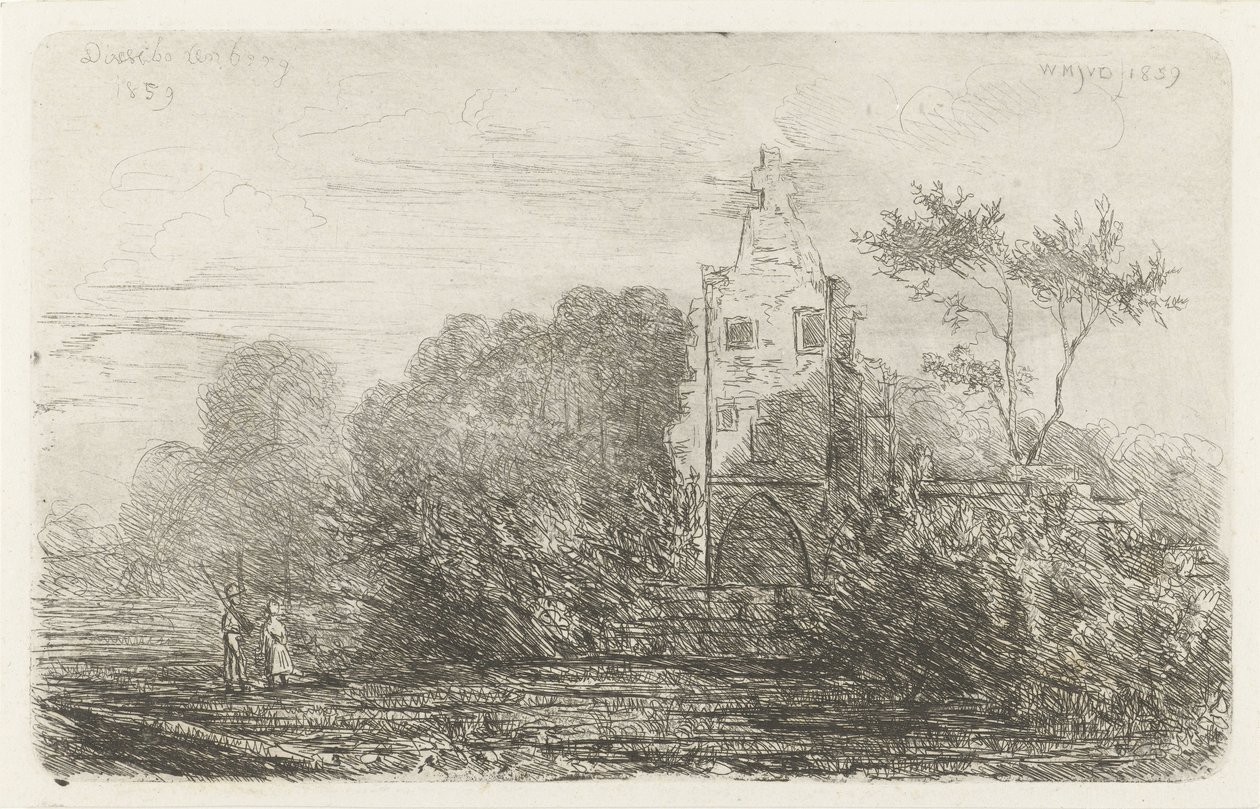 Landschap met ruïne en twee figuren door Willem Matthias Jan van Dielen
