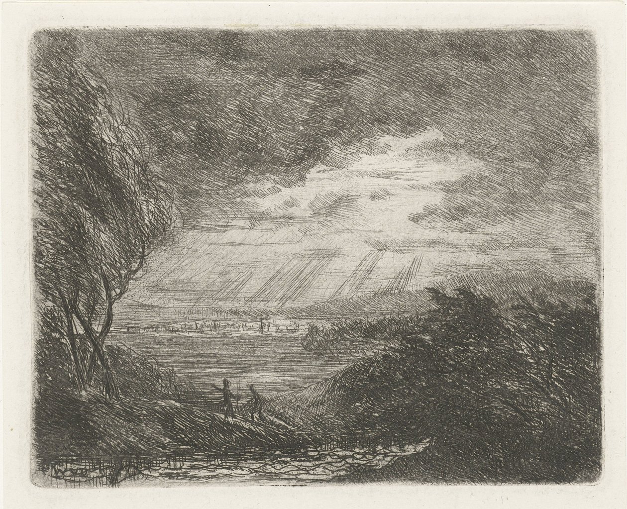 Landschap met twee figuren bij storm en regen door Willem Matthias Jan van Dielen