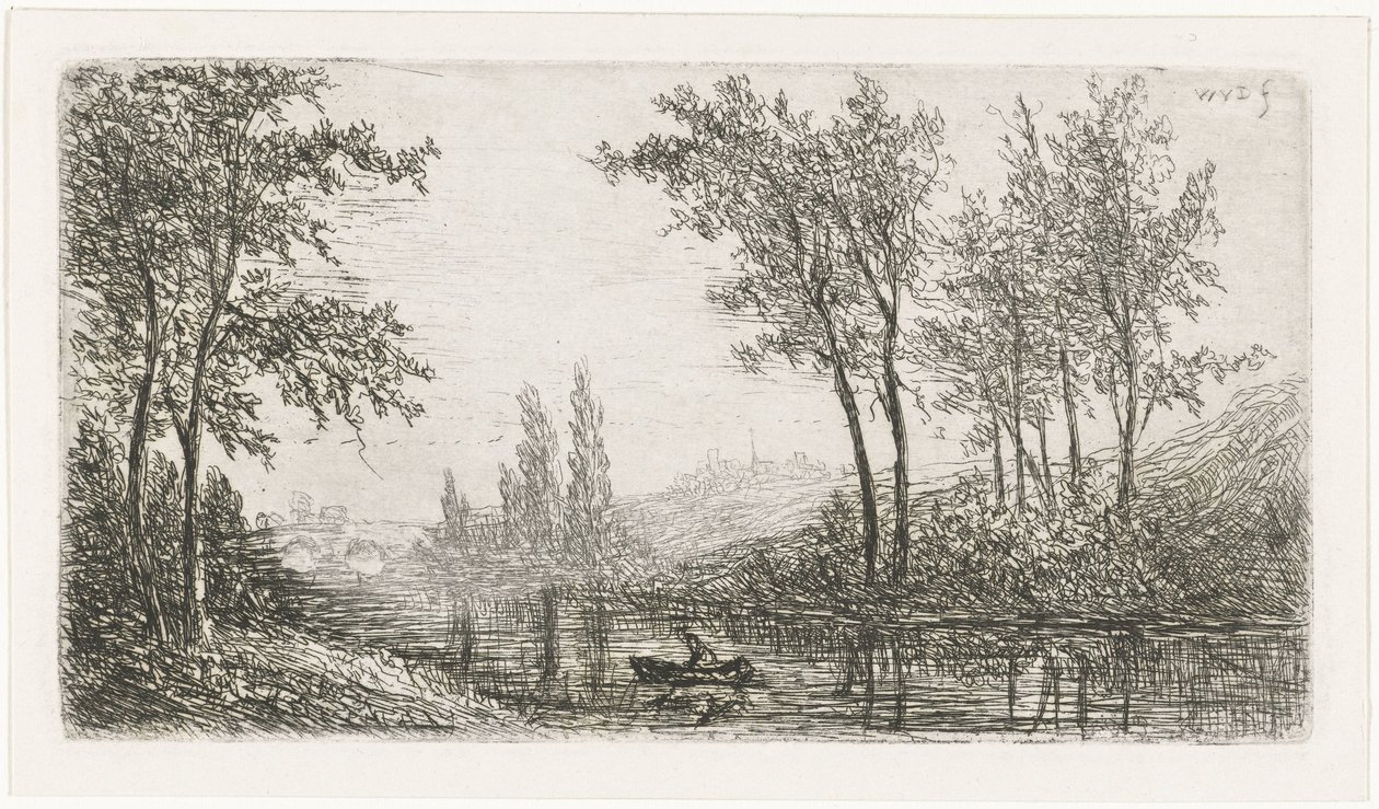 Rivierlandschap met bootje door Willem Matthias Jan van Dielen