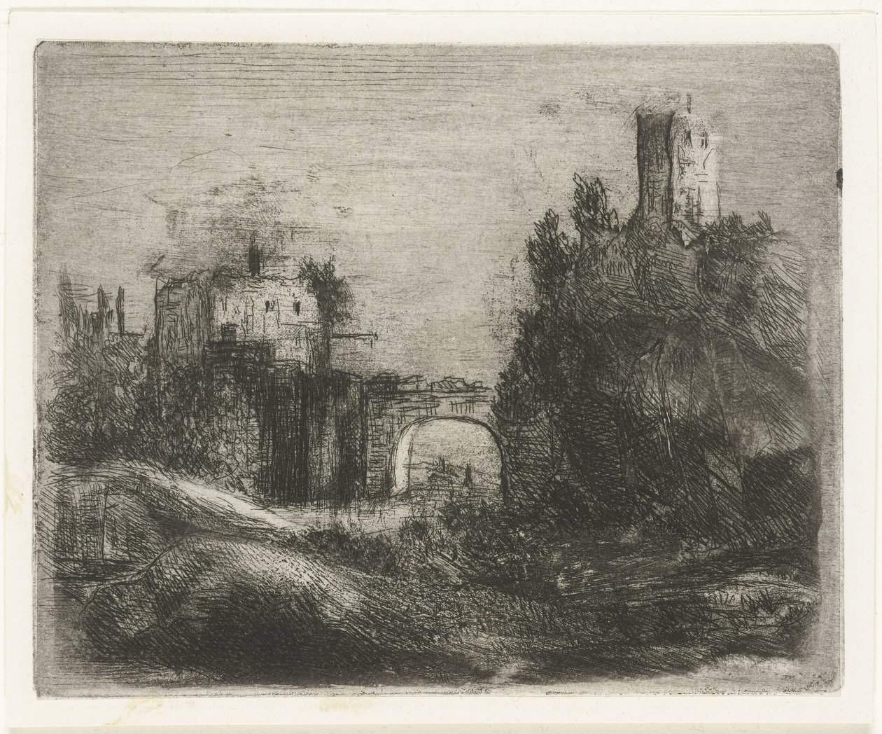 Zuidelijk landschap met poort en toren op rots door Willem Matthias Jan van Dielen
