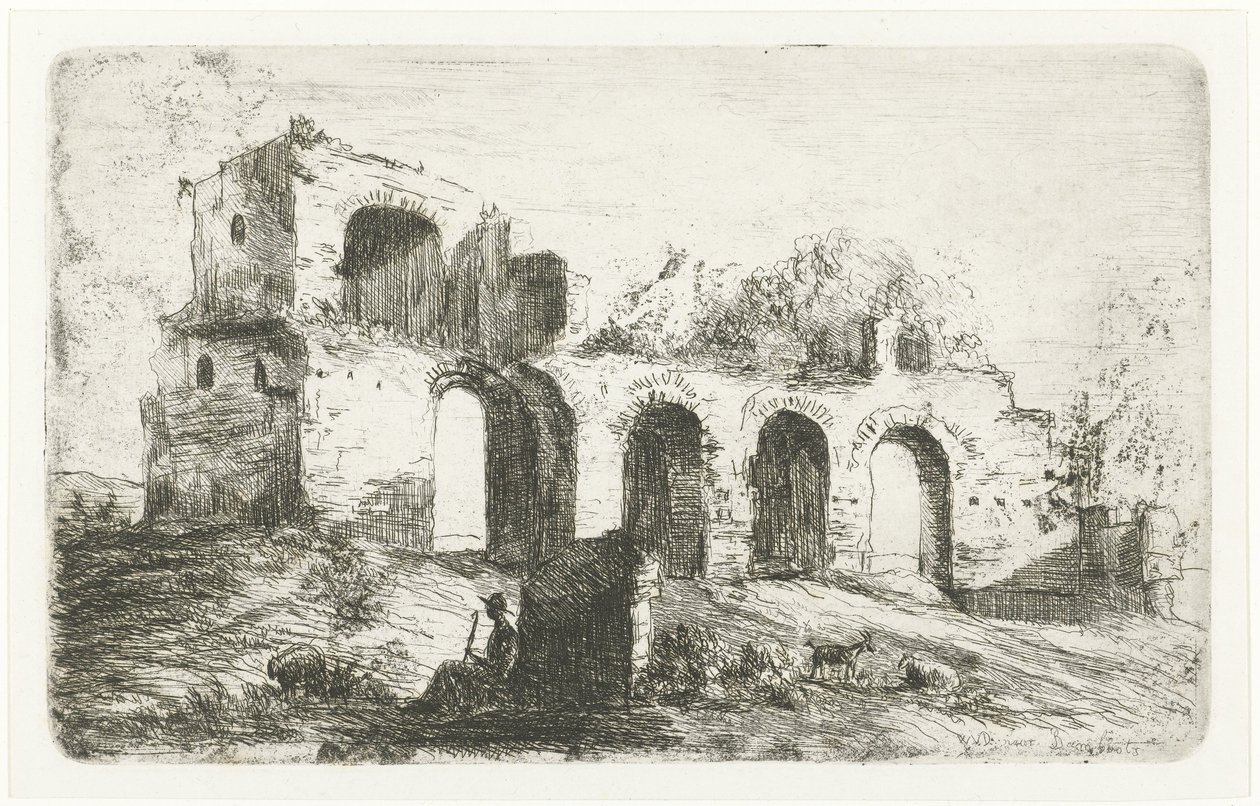 Zuidelijk landschap met ruïne en herder met vee door Willem Matthias Jan van Dielen