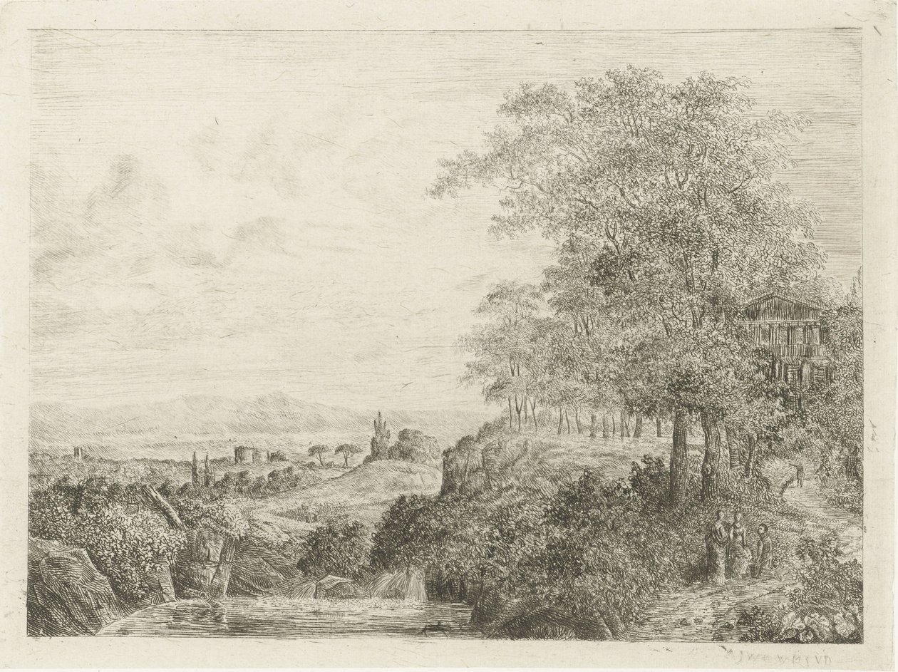 Zuidelijk landschap met tempel en figuren door Willem Matthias Jan van Dielen