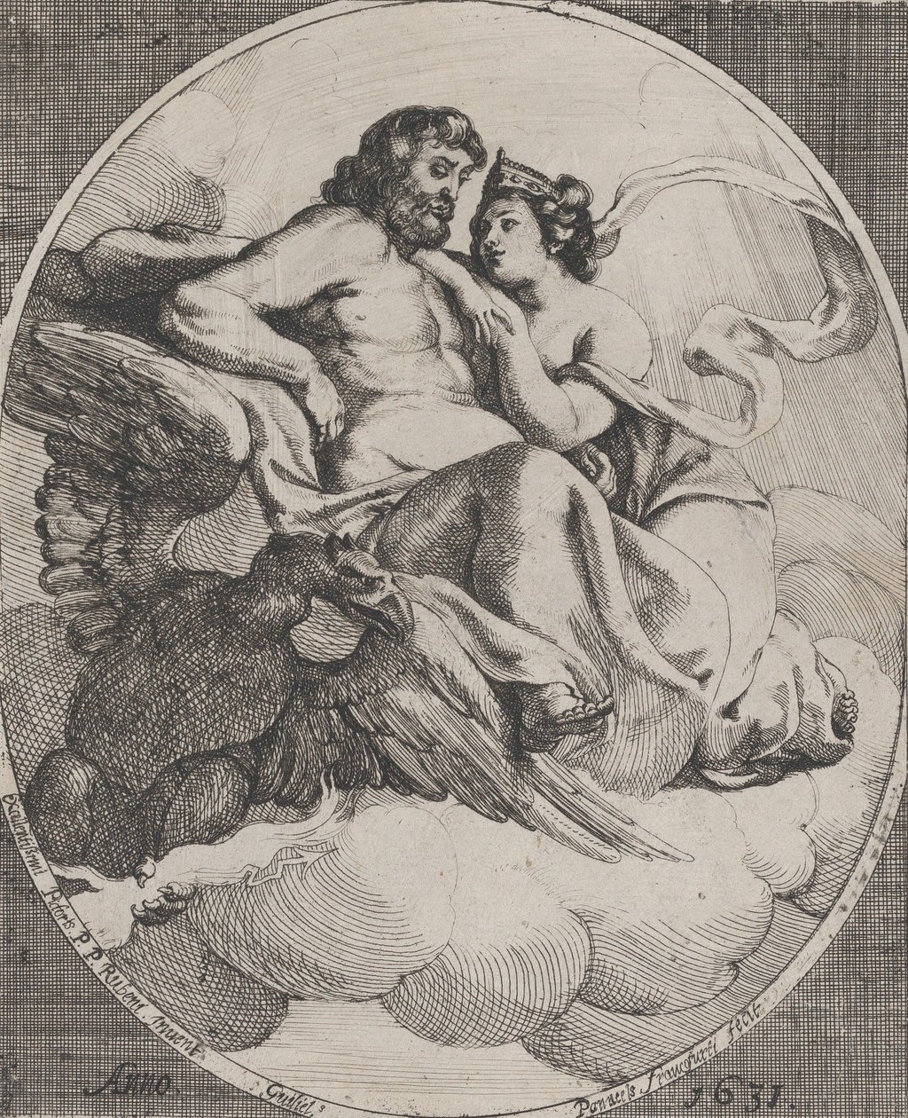 Jupiter en Juno zittend op wolken, met een adelaar die bliksemschichten vasthoudt linksonder, 1631 door Willem Panneels