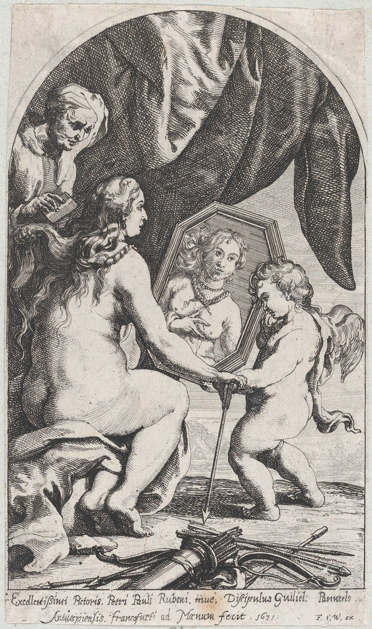 Venus voor een spiegel vastgehouden door Cupido terwijl haar haar wordt gekamd door een oude vrouw, 1631 door Willem Panneels