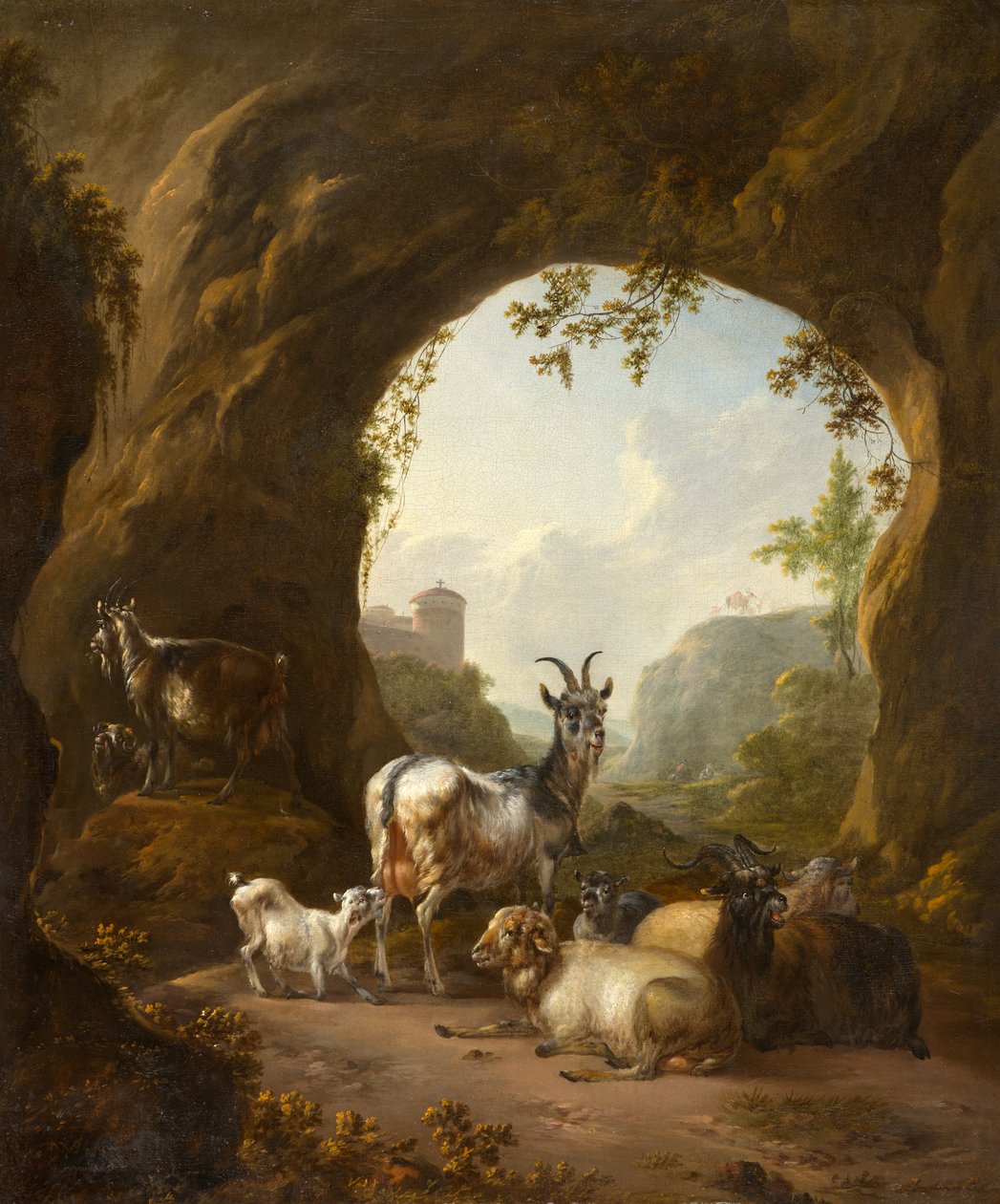 Geiten en schapen in een grot door Willem Pietersz Buytewech