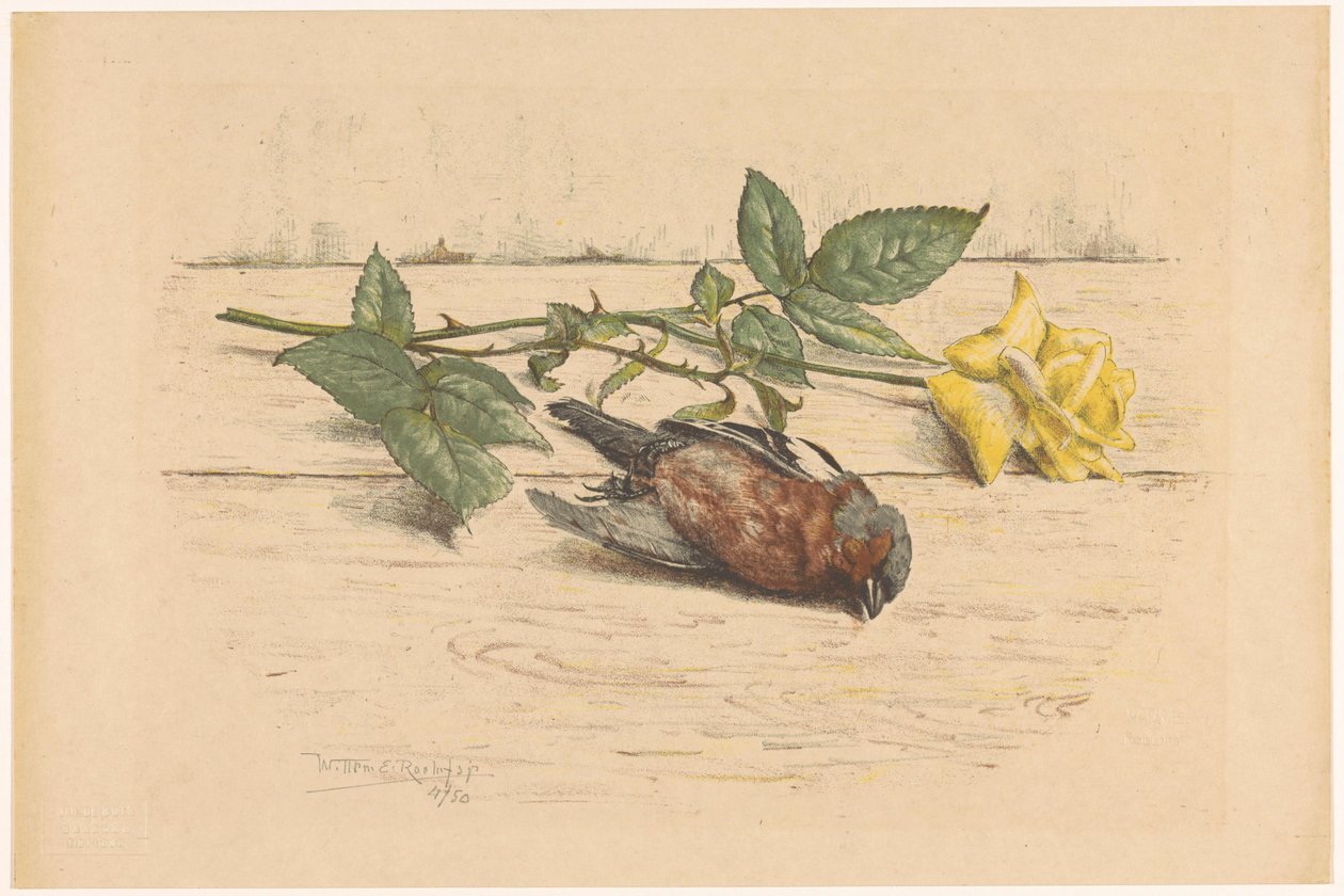 Dode vink liggend naast een roos door Willem Roelofs (II) (signed by artist)