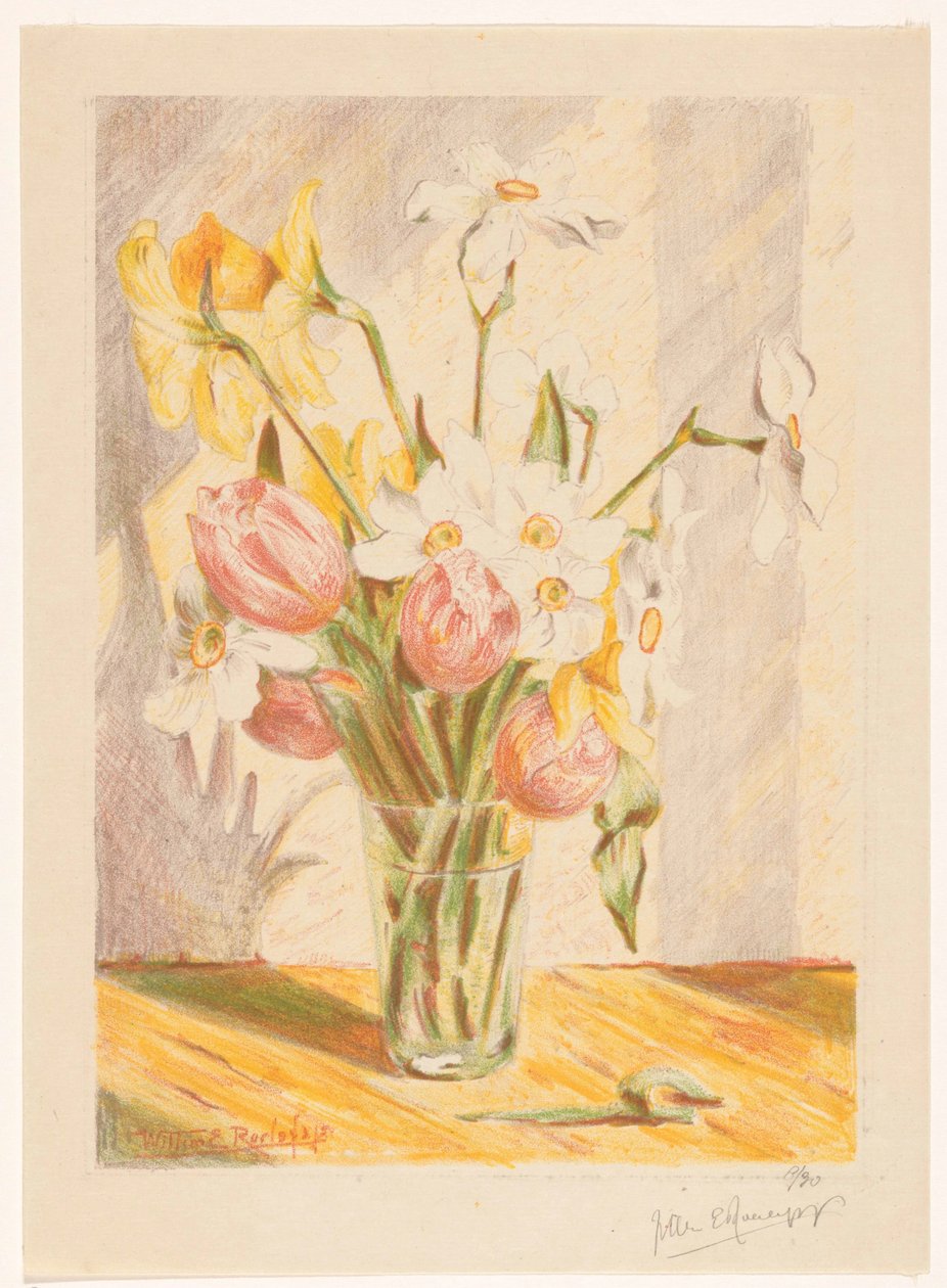 Tulpen en narcissen in een vaas door Willem Roelofs (II) (signed by artist)