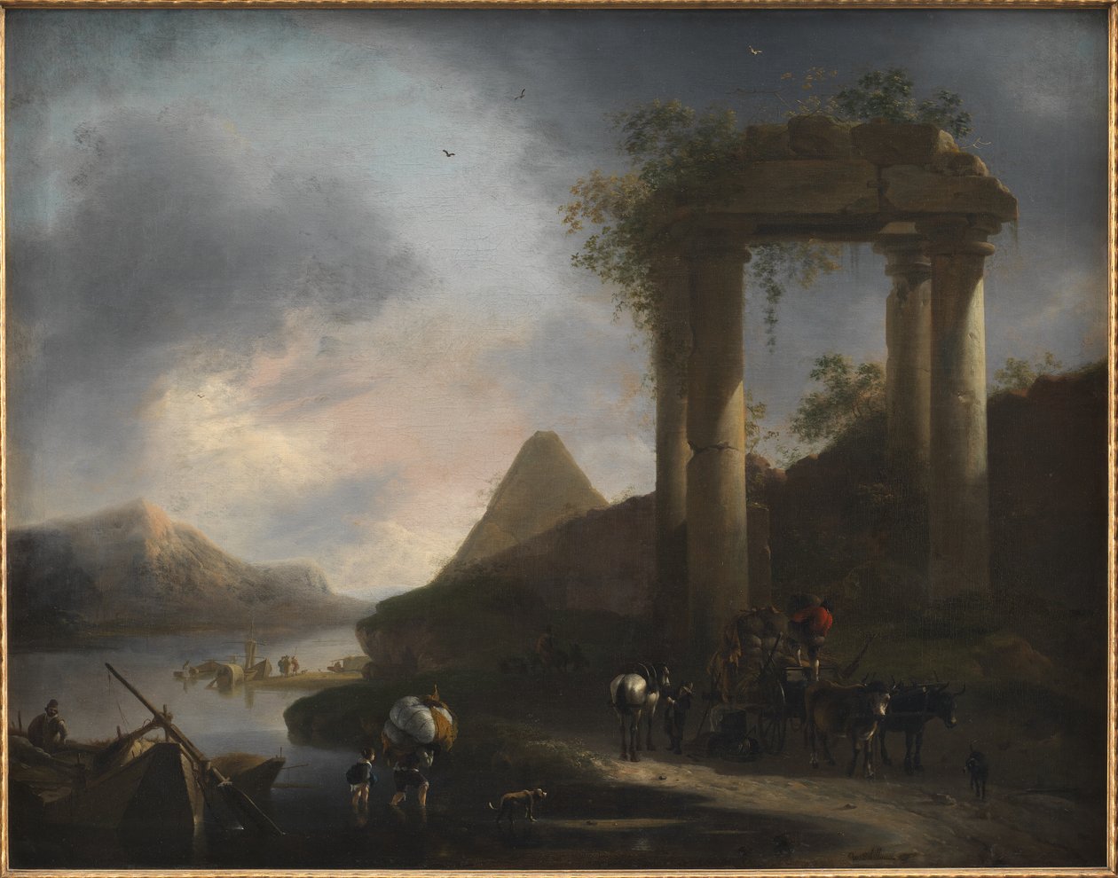 Italiaans landschap met klassieke ruïnes door Willem Schellinks