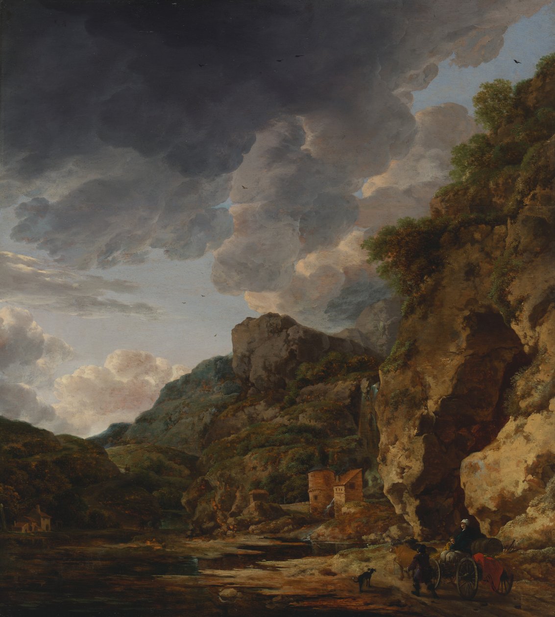 Berglandschap met rivier en wagen, derde kwart 17e eeuw (olieverf op paneel) door Willem Schellinks