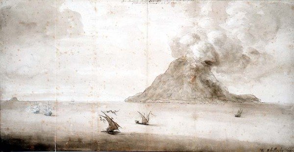PD.703-1963 Uitzicht op Stromboli, c.1661-5 (krijt, pen en inkt, was) door Willem Schellinks